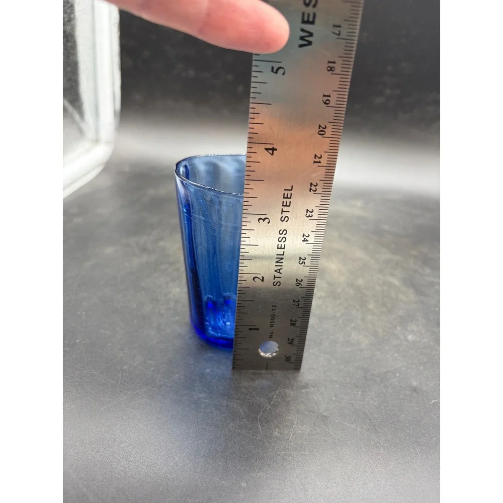 Vintage Cobalt Blue Hand Blown Ribbed Glass Tumbler 4.5 Inch Cup